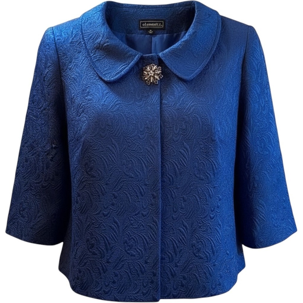 elementz Womens XL Royal Blue Jacquard Brocade Cape Jacket Cropped Swing Blazer